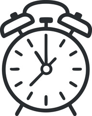 Black and white outline of a classic alarm clock showing time at 7 oclock