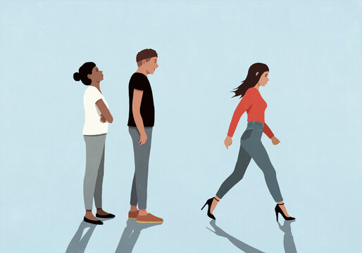 Angry girlfriend watching boyfriend staring at beautiful woman walking by in high heels
