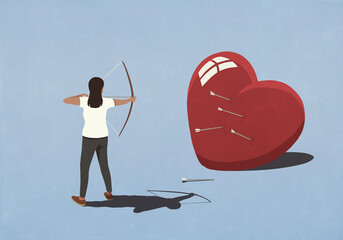 Woman shooting arrows at large heart on blue background
