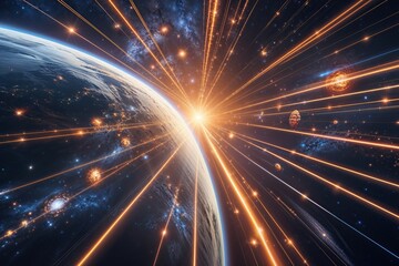 Naklejka premium Captivating Hyper-Realistic Visualization of the Cosmos Linked by Radiant Trails Symbolizing Globalization and Interconnectedness