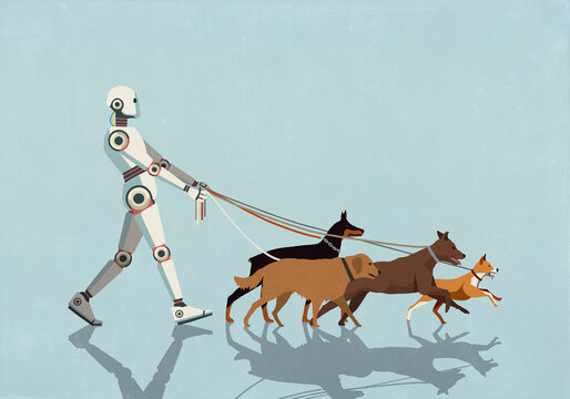 Humanoid robot walking dogs on leashes against blue background
