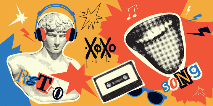 Trendy halftone music collage set featuring an antique statue, audio cassette, and singing mouth. Retro paper cut-out elements in a modern vector illustration.