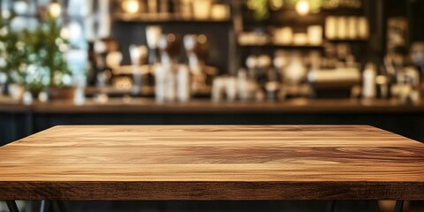Fototapeta premium Close-up of wooden table with blurred coffee shop counter.