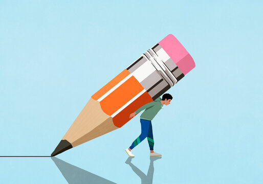 Man carrying large pencil nub on back
