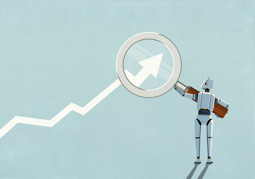 Humanoid robot with magnifying glass examining ascending data arrow against blue background
