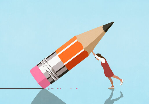 Girl erasing line with large pencil nub eraser against blue background
