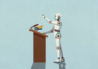 Humanoid robot giving speech at podium with microphones
