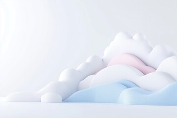 Abstract cloud-like forms in pastel colors. Soft, playful shapes layered in white, light blue, and light pink against a bright background.  3D rendering, digital art,  minimalist design,