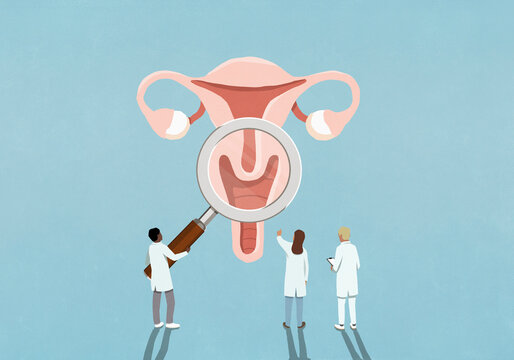 Doctors with magnifying glass examining female reproductive system
