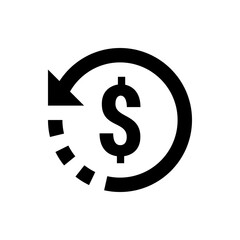 Black dollar sign with a circular arrow indicating a return or refund process on a white background