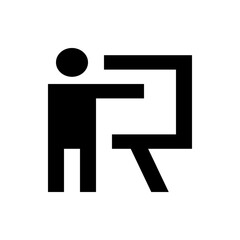 A stylized black silhouette of a person presenting at a board with a unique letter r shape design element