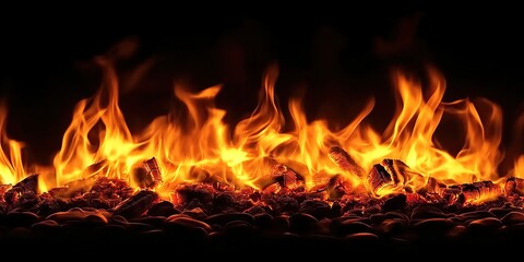 Simulated fireplace with flames and artificial logs on black background.