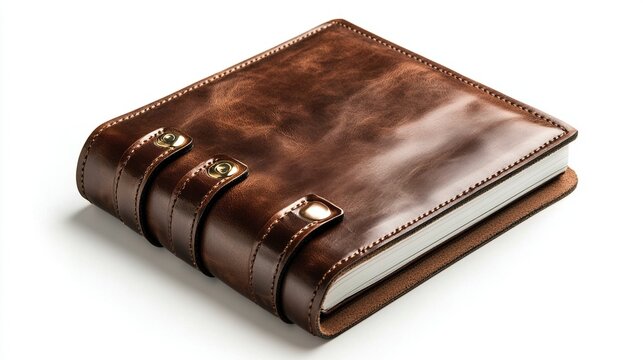 Brown leather journal with straps and brass clasps. - Powered by Adobe