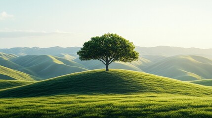 Solitary tree on rolling hill peaceful nature scene