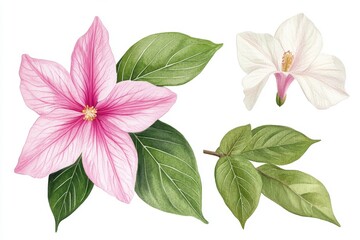 Exotic flora is depicted in a hand-drawn, watercolor botanical illustration featuring tropical pink flowers and leaves with Turmeric on an isolated background
