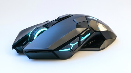 Futuristic black gaming mouse with cyan accents.