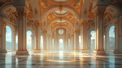 Obraz premium Grand Palace Hall with Golden Accents and Mountain View