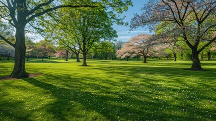 Obraz premium Green meadow with blooming cherry trees