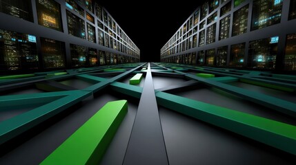 Futuristic cyber cityscape with illuminated skyscrapers and modern architectural elements at night