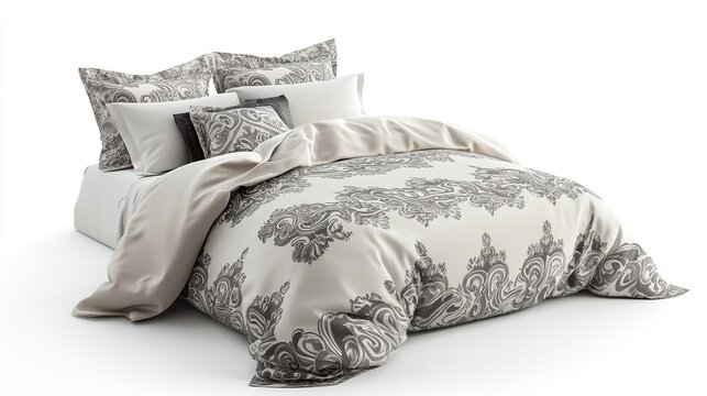 Elegant cream duvet cover set with grey paisley pattern on a bed.