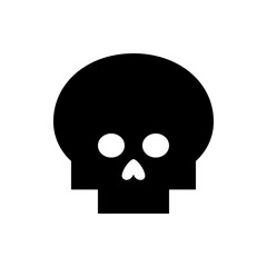 A simple black skull with round eyes and heart shaped nose on a white background in a minimalist style design