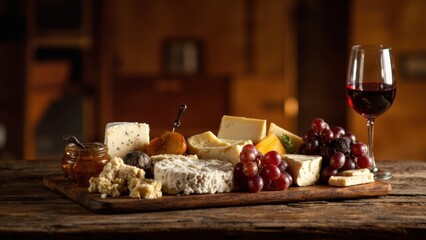 Cheese platter with red wine and fruits on rustic table