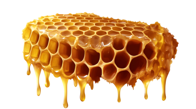 Detailed honeycomb dripping with golden honey, symbolizing nature and sweetness. Isolated on a transparent background.