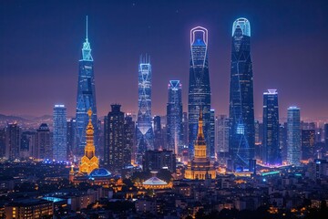 Obraz premium Illuminated Urban Skyline: A World of Lights and Nighttime Networking