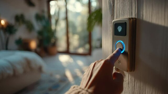 Fingerprint is used to unlock a smart door lock, the lock illuminates with a gentle glow.