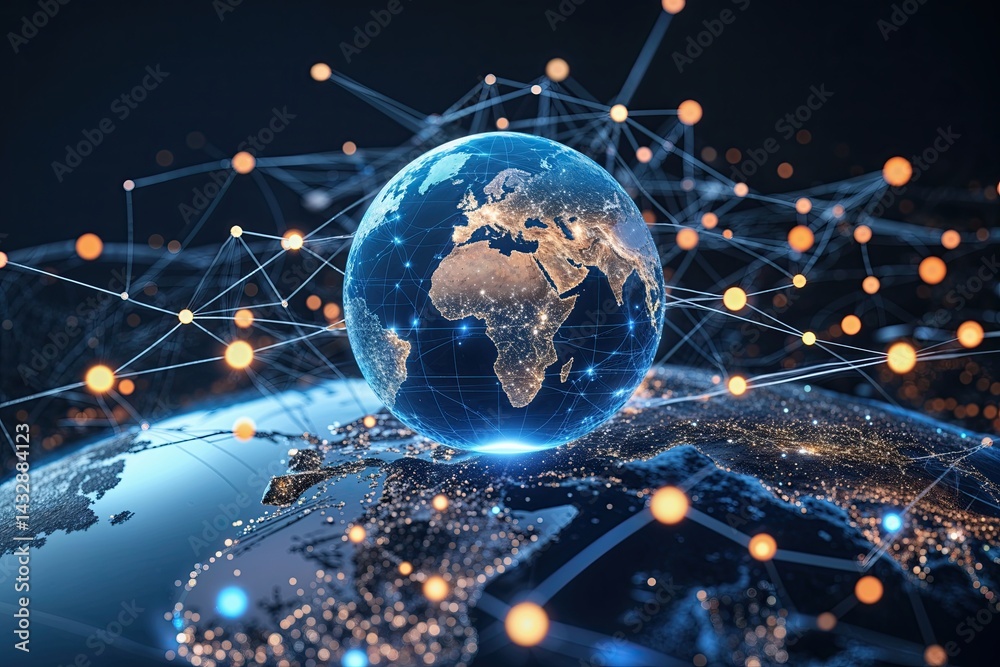 Poster global virtual network design featuring a rotating sphere in digital space
