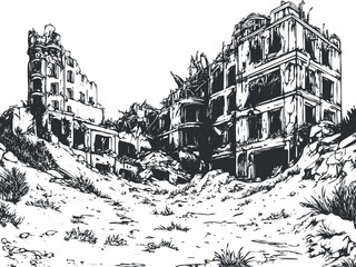 Black and white sketch of destroyed and abandoned urban buildings in a postapocalyptic ruined city scene