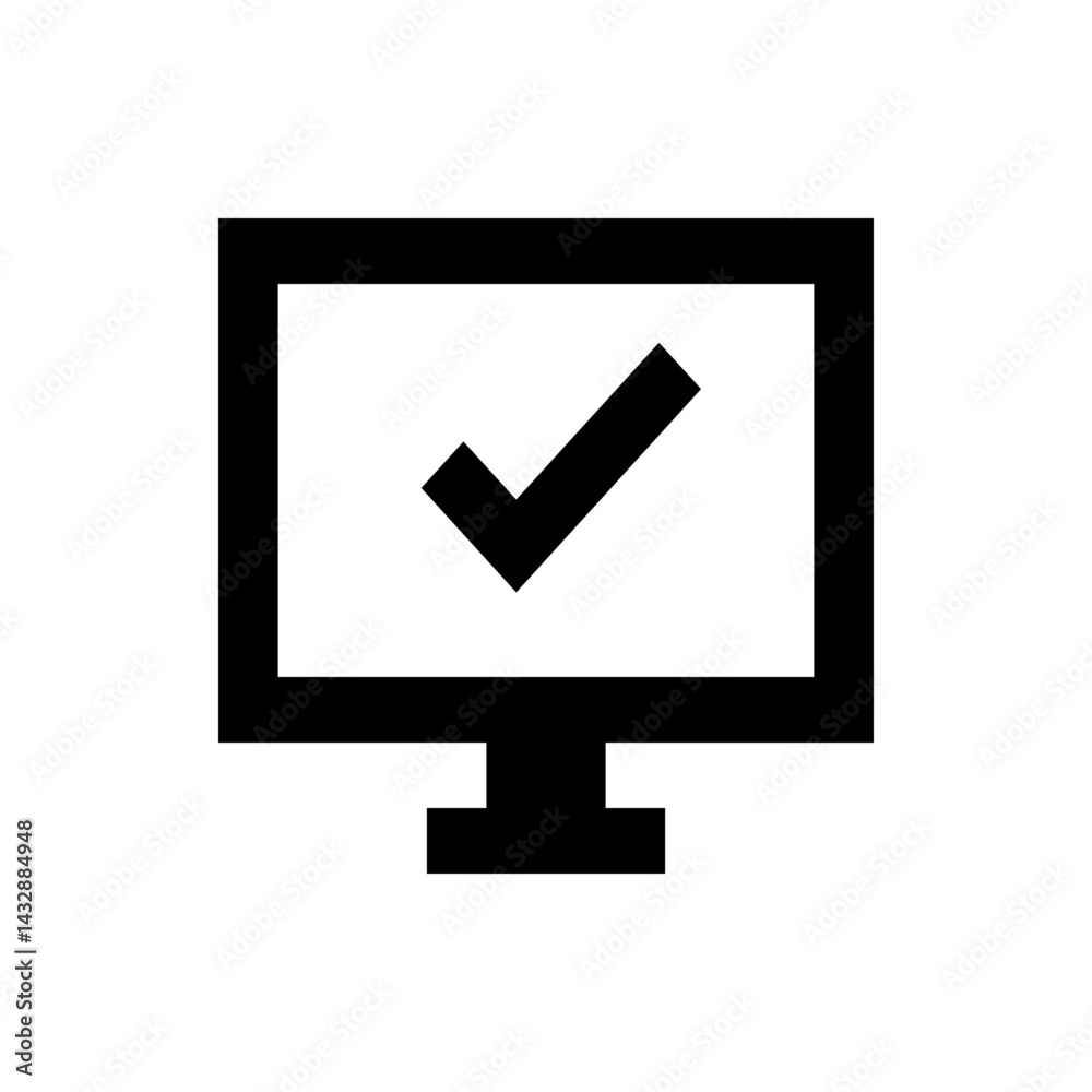 Poster computer screen displaying a check mark in black and white indicating completion or approval on the 
