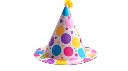 A classic party hat with vibrant patterns, birthday theme, isolated on white background