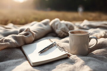 Cozy scene with a white coffee mug, open notebook, and pen on a linen blanket in the sunlight.

