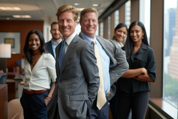 A group of diverse financial firm employees pose for a photo in a modern office setting, A financial firm with employees in sharp business casual attire