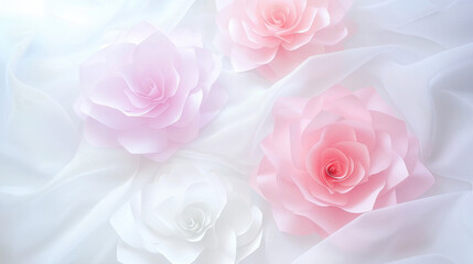 Soft pastel paper roses on satin cloth create romantic and delicate atmosphere, perfect for weddings or special occasions. gentle colors evoke sense of tranquility and beauty