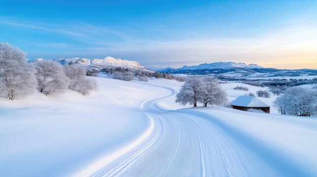 A winding snow-covered road sweeps through a serene winter landscape with frosted trees and a small cabin under a blue sky.