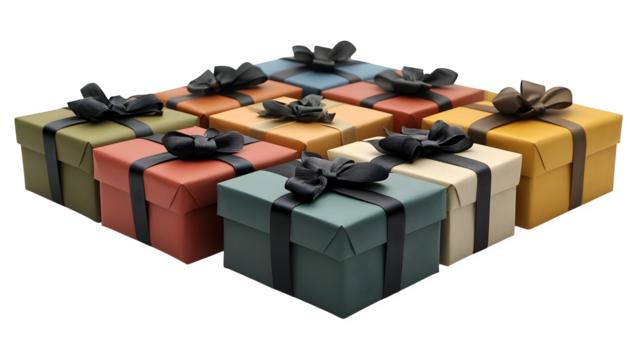 A diverse collection of gift boxes wrapped in various colors and adorned with ribbons, displayed on a white background