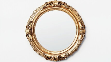 Ornate gold oval mirror isolated on white.