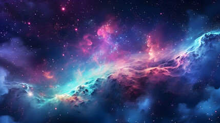 Fototapeta premium A vibrant, colorful nebula with hues of blue, pink, and purple, set against a dark, starry backdrop.