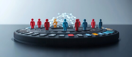 Symbolic figures stand around a center platform, connected by geometric web