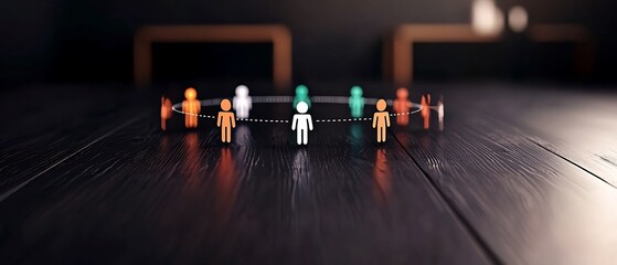 Symbolic ring of colorful figures connected on a dark wood surface; diverse community representation