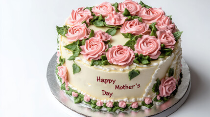 Fototapeta premium A white frosted cake is decorated with pink buttercream roses and a ring adorned with green leaves with 
