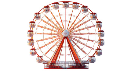 A large Ferris wheel with red and white gondolas, theme park style, isolated on white background