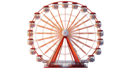 A large Ferris wheel with red and white gondolas, theme park style, isolated on white background