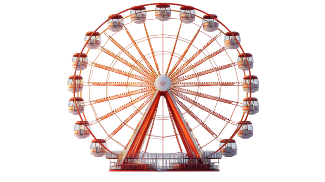 A large Ferris wheel with red and white gondolas, theme park style, isolated on white background