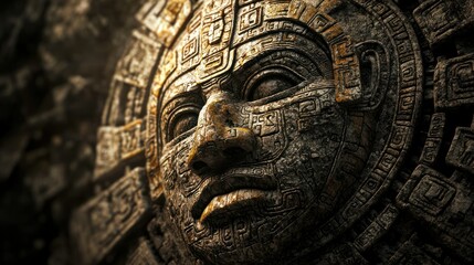 A Mayan-inspired stone-carved face, with historical detailing.
