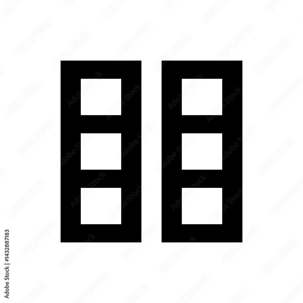 Poster two vertical rectangles each containing three square cutouts arranged vertically in a symmetrical pa