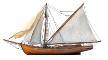 Classic sailboat with a bright white sail and clean wooden frame isolated on white background