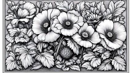 Floral carving, grayscale design, detailed flowers